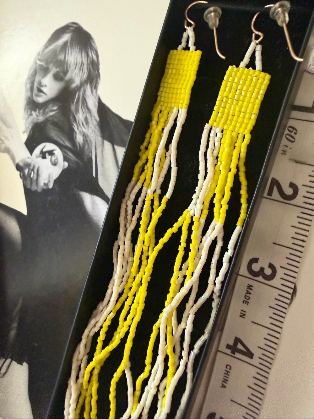 Bold Artisan Made Yellow and White Beaded Fringe Earrings